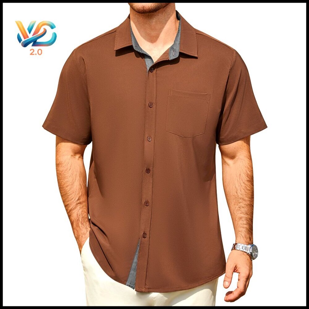 Men's‎ Casual Button Down Shirt Short Sleeve Plaid Spread Collar Pocket